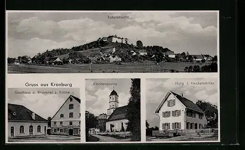 AK Kronburg, Gasthaus und Brauerei z. Krone, Totalansicht, Kirche, Hdlg. J. Heckelsmiller