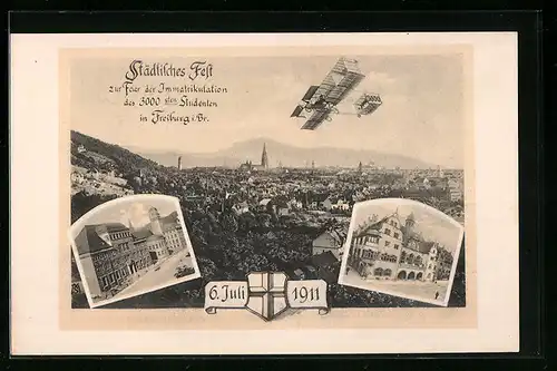 AK Freiburg i. Br., Städtisches Fest zur Feier d. Immatrikulation des 3000sten Studenten 1911, Studentenwappen, Flugzeug