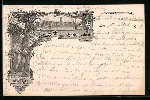 Künstler-AK Frankfurt a. M., Gesangverein Liederpalme, Teilansicht der Stadt mit Mainbrücke