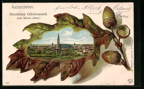 Passepartout-Lithographie Aschersleben, Teilansicht mit Kirche, Eichenblatt
