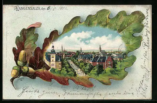 Passepartout-Lithographie Langensalza, Strassenpartie aus der Vogelschau, Eichenblatt