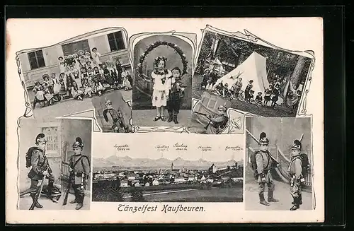 AK Kaufbeuren, Panorama der Ortschaft, Knaben in Uniform beim Volksfest - Tänzelfest