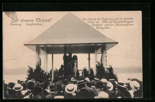 AK Hamburg-Neustadt, Der eiserne Michael auf dem Jungfernstieg, Nagelung zur Kriegshilfe