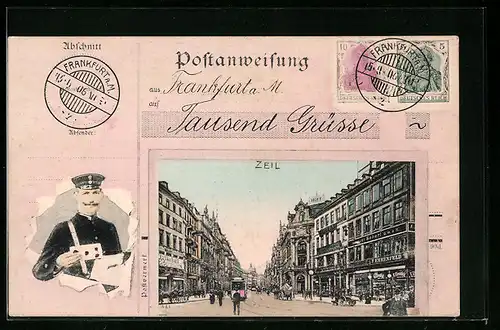 AK Frankfurt a. M., Partie aus der Zeil, Postbote mit Siegelbrief