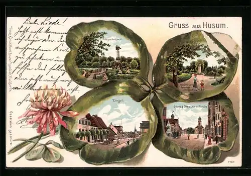 Passepartout-Lithographie Husum, Zingel, Kriegerdenkmal, Grosse Strasse und Kirche, Theodor Storm Denkmal, Kleeblatt