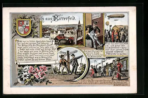 Lithographie Bitterfeld, Luftschiff Parzival, Teilansicht, Wappen
