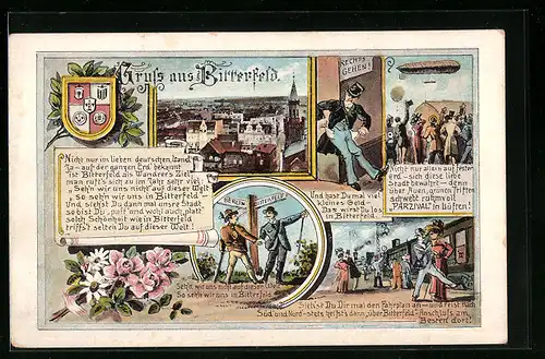 Lithographie Bitterfeld, Teilansicht, Wappen, Luftschiff Parzival