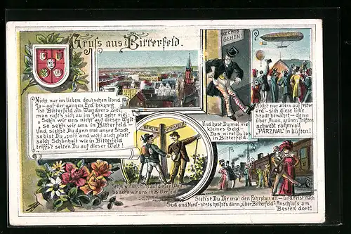 Lithographie Bitterfeld, Teilansicht der Stadt, Wandersleut am Wegweiser, Luftschiff Parzival, Wappen