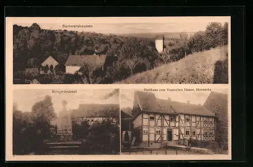 AK Settmarshausen, Teilansicht, Kriegerdenkmal, Gasthaus zum Deutschen Hause