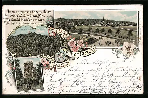 Lithographie Hess-Lichtenau, Totalansicht, Reichenbacher Schlossberg, Ruine des Reichenbachschlosses