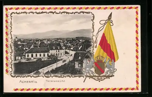 Passepartout-Lithographie Achern i. B., Totalansicht mit Wappen und Fahne