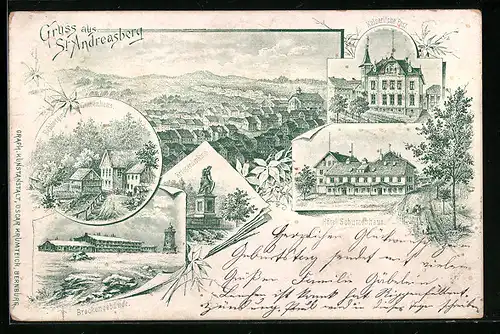 Lithographie St. Andreasberg, Gesamtansicht mit Hotel Schützenhaus, Brockengebäude