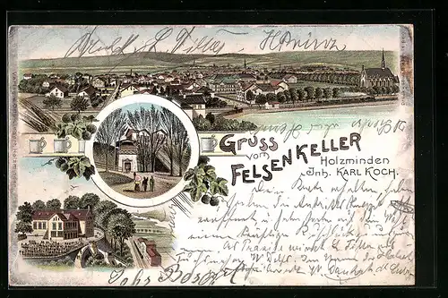 Lithographie Holzminden, Gesamtansicht, Gasthaus Felsenkeller