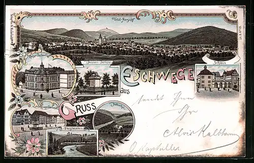 Lithographie Eschwege, Totalansicht, Hessen-Denkmal, Schloss, Fürstenstein