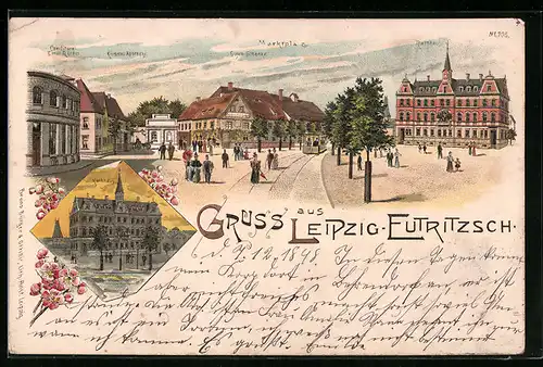 Lithographie Leipzig-Eutritzsch, Marktplatz, Rathaus, Gasthaus Gosen-Schänke