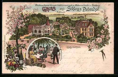 Lithographie Leipzig-Eutritzsch, Schloss Debrahof mit Terrasse und Fontaine aus der Vogelschau