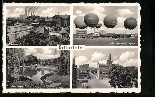 AK Bitterfeld, Ballonwettfliegen, Ballone von Tschammer und Osten, Bruno Loerzer, Marktplatz, Rosengarten