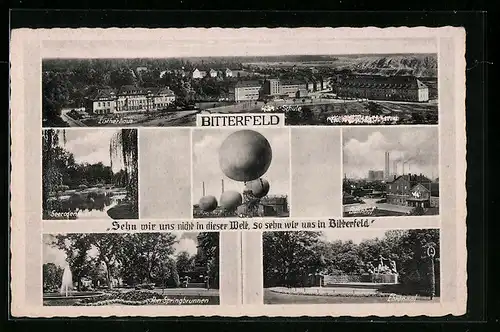 AK Bitterfeld, Ballone, Teilansicht, Lutherhaus, Schule, Ehrenmal