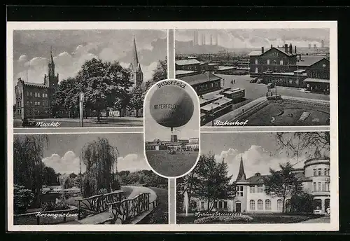 AK Bitterfeld, Ballon, Markt, Bahnhof, Rosengarten, Springbrunnen