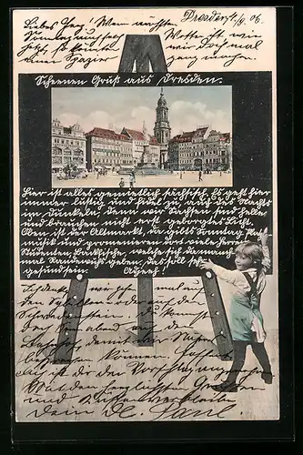 Schultafel-AK Dresden, Altmarkt mit Kirche