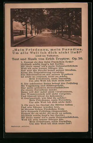 AK Berlin-Friedenau, Strassenpartie mit Lied Mein Friedenau, mein Paradies...