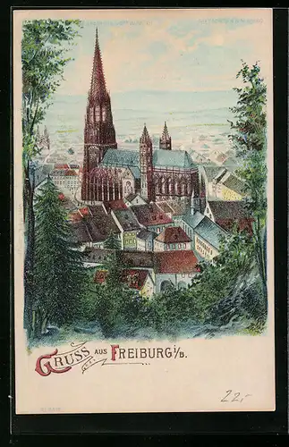 Lithographie Freiburg i. B., Blick auf das Münster