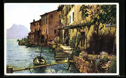 Künstler-AK Photochromie Nr. 5140: Häuser am Fluss mit Boot