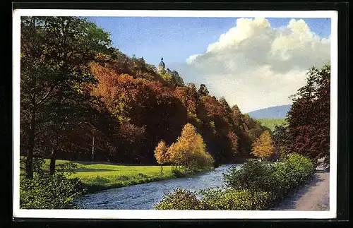 Künstler-AK Photochromie Nr. 5015: Fluss mit Herbstbäumen