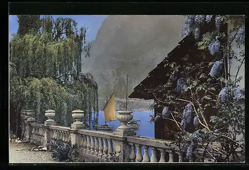 Künstler-AK Photochromie Nr. 1830: Brücke mit Blick auf Segelschiff