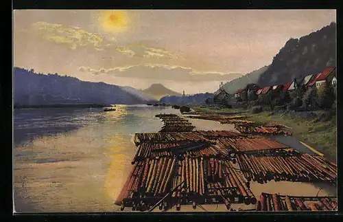 Künstler-AK Photochromie Nr. 4550: Fluss bei Sonnenuntergang, Flösserei