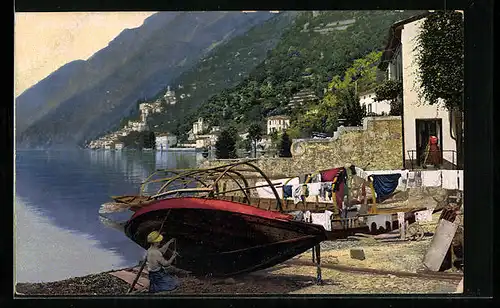 Künstler-AK Photochromie Nr. 3291: San Mamette e Albogasio, See mit Booten am Ufer