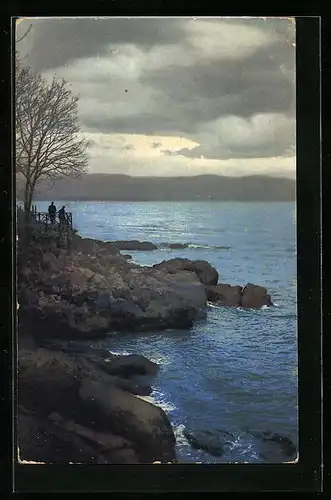 Künstler-AK Photochromie Nr. 1854: Felsiges Seeufer bei bedecktem Himmel