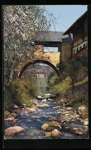 Künstler-AK Photochromie Nr. 2721: Flusspartie mit Brücke in Tirol