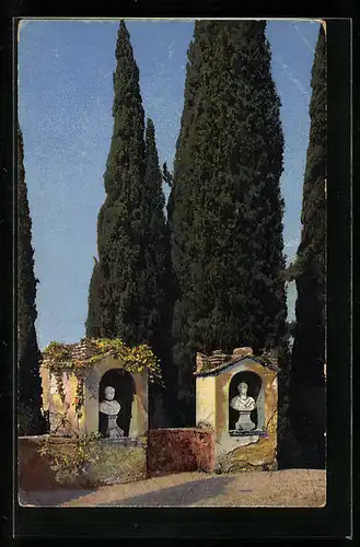 Künstler-AK Photochromie Nr. 1846: Zwei antike Büsten unter Zypressen