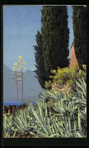 Künstler-AK Photochromie Nr. 1845: Uferpflanzen und Zypresse an einem See