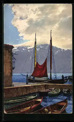Künstler-AK Photochromie Nr. 1843: Hafenpartie vor Bergkulisse