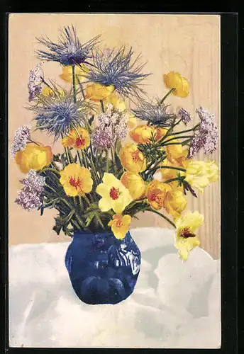 Künstler-AK Photochromie Nr. 492: Vase mit gelbem Mohn und Distelblüten