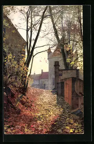 Künstler-AK Photochromie Nr. 4698: Turm hinter laubbedeckter Strasse