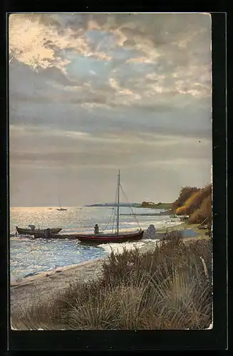 Künstler-AK Photochromie Nr. 2873: Strand mit Booten in der Morgensonne