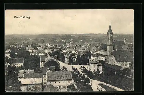 AK Ravensburg, Blick auf Kirche und Strasse