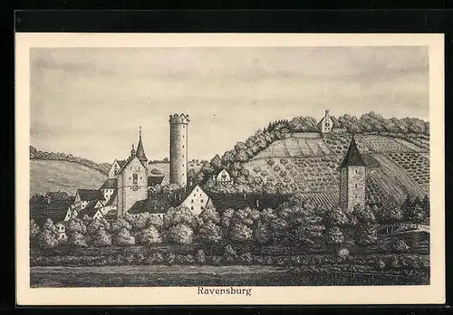 AK Ravensburg, Turm und Kirche mit Bäumen