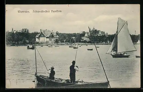 AK Berlin-Wannsee, Schwedischer Pavillon, 2 Angler auf Boot