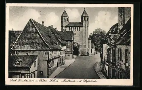 AK Bad Gandersheim a. Harz, Marktplatz mit Stiftskirche