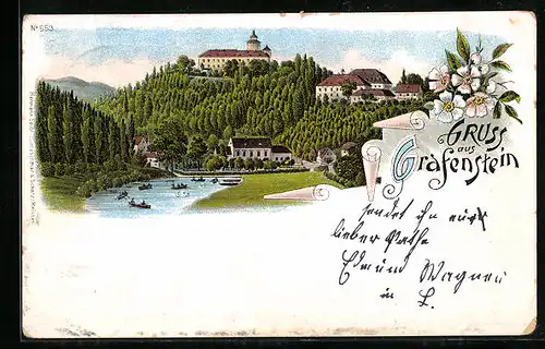 Lithographie Grafenstein, Panoramablick auf die Ortschaft