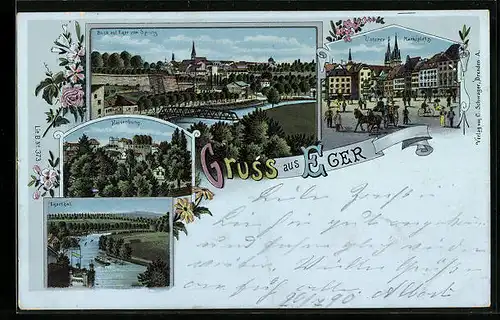 Lithographie Eger, Kaiserburg, Unterer Marktplatz