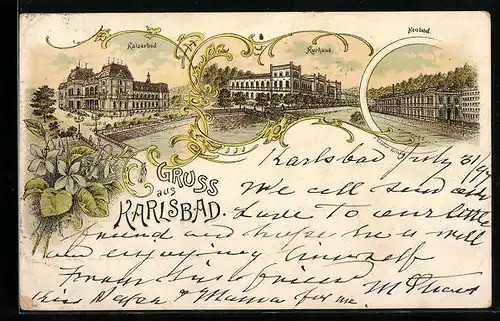 Lithographie Karlsbad, Kaiserbad, Kurhaus, Neubad