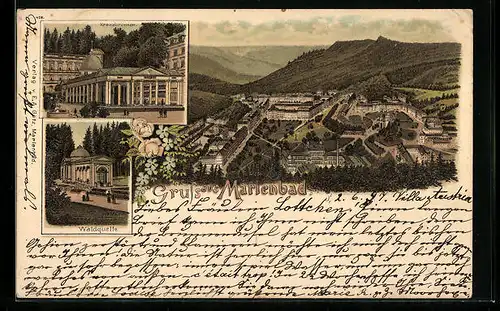 Lithographie Marienbad, Kreuzbrunnen, Waldquelle