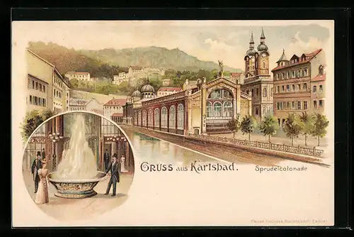 Lithographie Karlsbad, Ansicht Sprudelcolonade