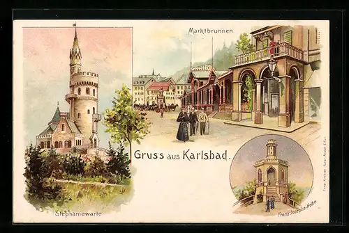 Lithographie Karlsbad, Marktbrunnen, Stephaniewarte
