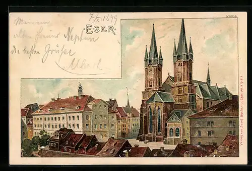 Lithographie Eger, Ortspartie mit Kirche